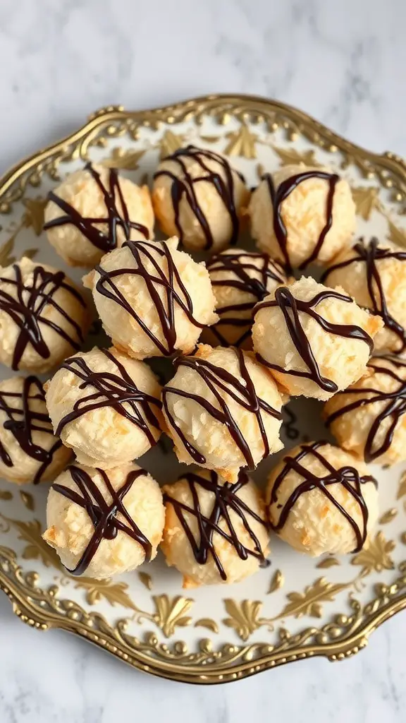 A platter of chewy coconut macaroons drizzled with chocolate.