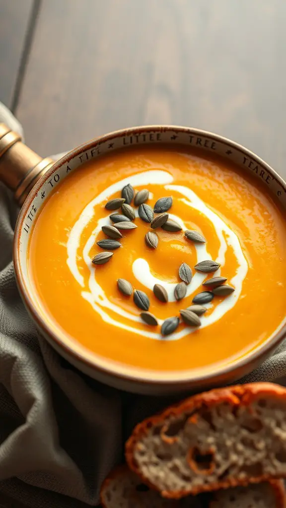 A bowl of creamy butternut squash soup garnished with pumpkin seeds, accompanied by slices of bread.