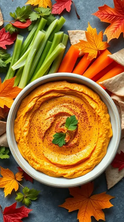 A bowl of pumpkin spice hummus surrounded by fresh vegetables and autumn leaves.