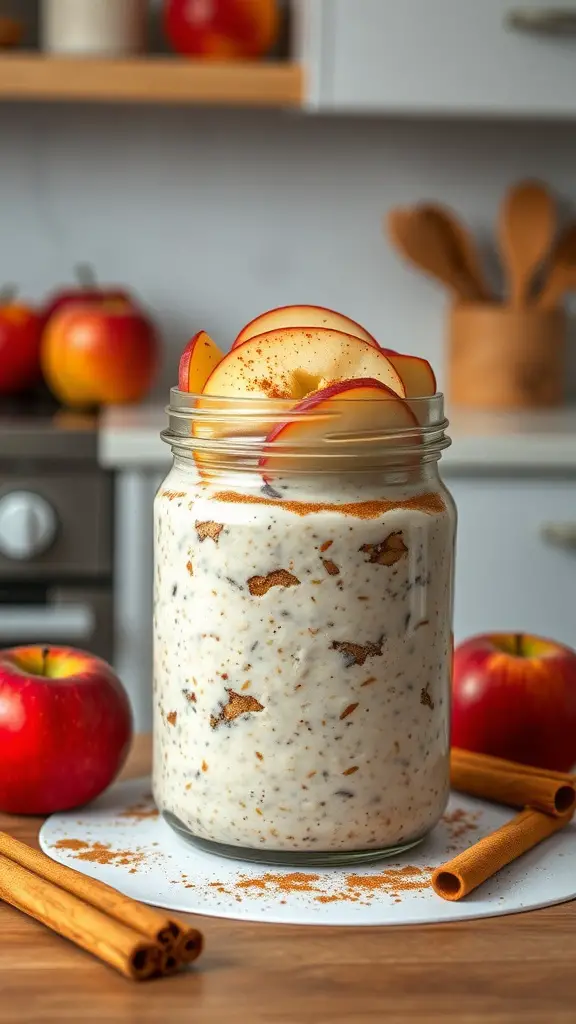 A jar of apple cinnamon overnight oats topped with apple slices and cinnamon, surrounded by fresh apples and cinnamon sticks.