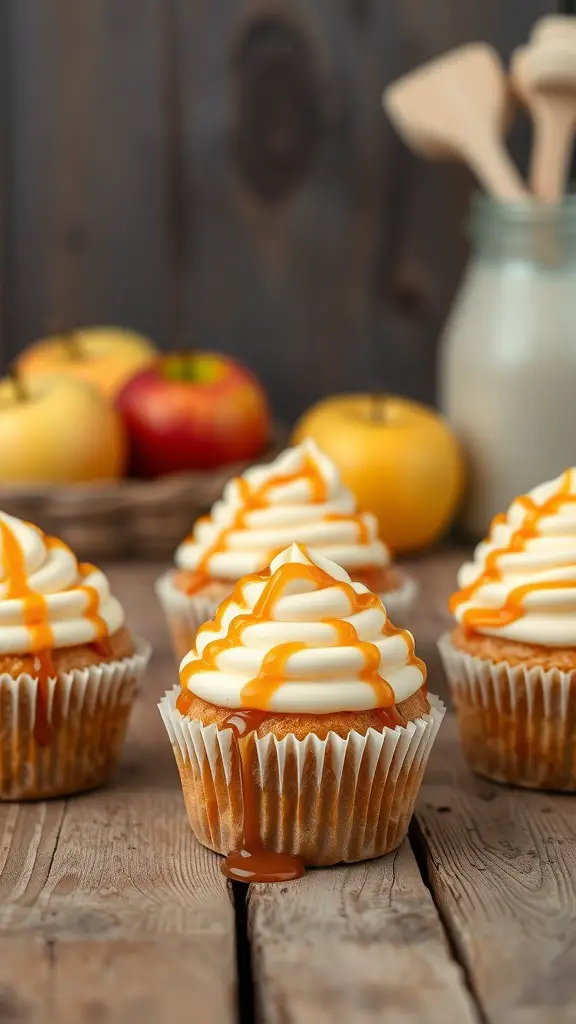 Delicious apple cider cupcakes with caramel drizzle on top, surrounded by fresh apples.