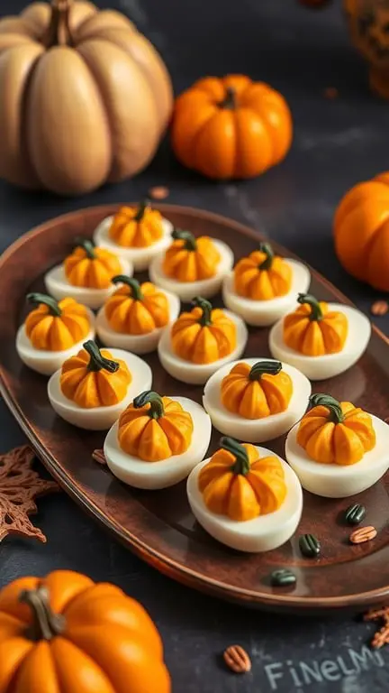 A platter of pumpkin-shaped deviled eggs surrounded by small pumpkins and autumn leaves.