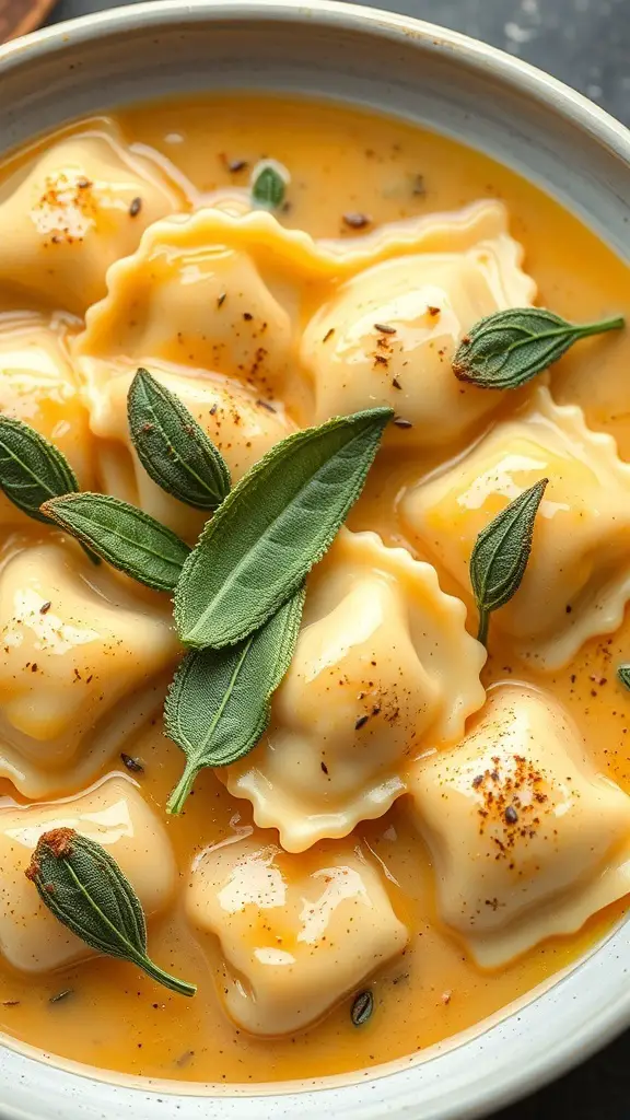 A bowl of ravioli in sage butter sauce garnished with fresh sage leaves.