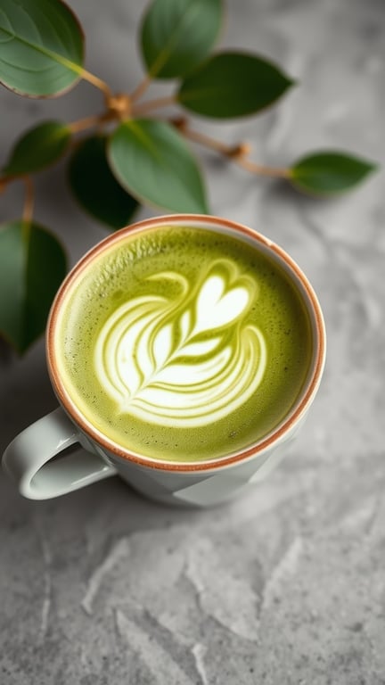 A beautifully crafted classic matcha latte with a leaf design on top, surrounded by green leaves.