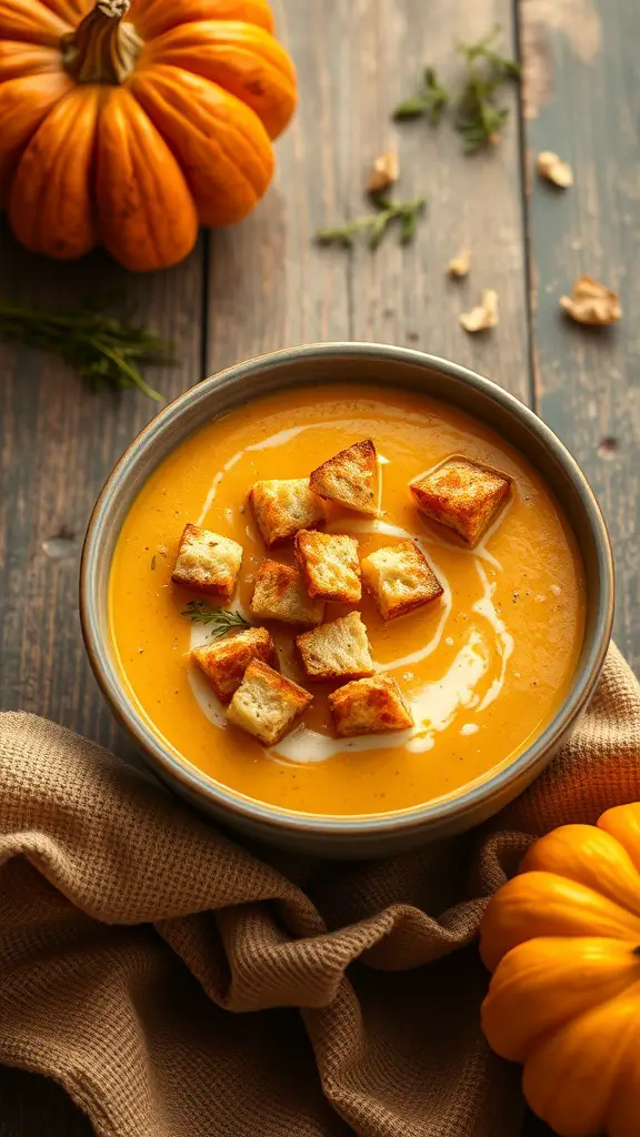 A bowl of pumpkin soup topped with croutons, surrounded by pumpkins and herbs.