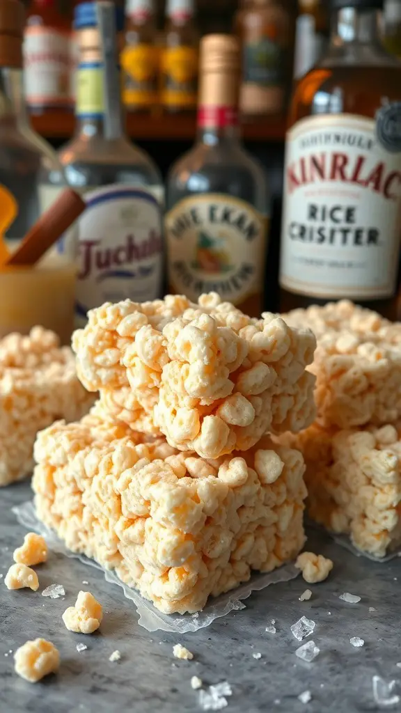 Boozy Rice Krispie Treats with rum, stacked on a surface with liquor bottles in the background.