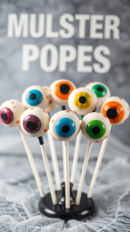 Colorful monster eye cake pops displayed on a stand