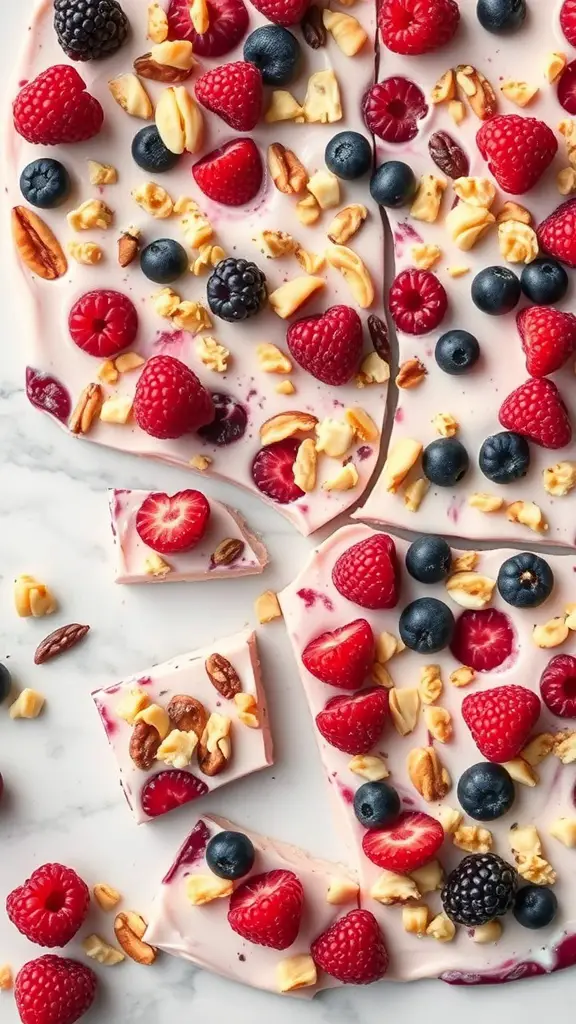 Frozen yogurt bark topped with berries and nuts, broken into pieces on a marble surface.