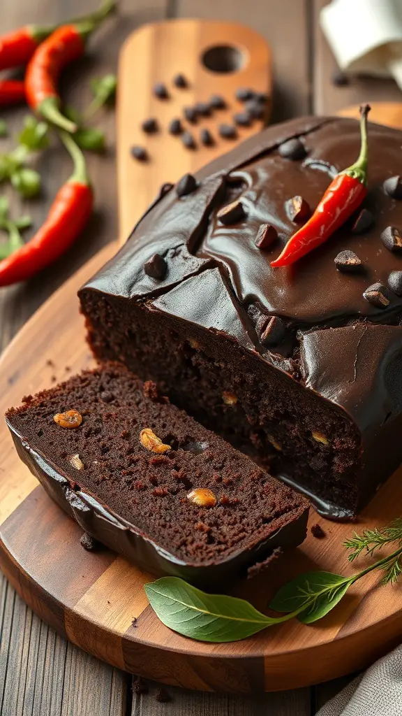 A sliced spicy chocolate cake topped with chocolate frosting and a red chili pepper, placed on a wooden board with chili peppers and chocolate chips around.