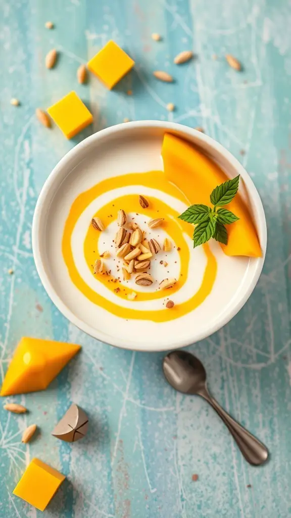 A bowl of yogurt topped with mango puree, nuts, and a mint leaf, surrounded by mango cubes.