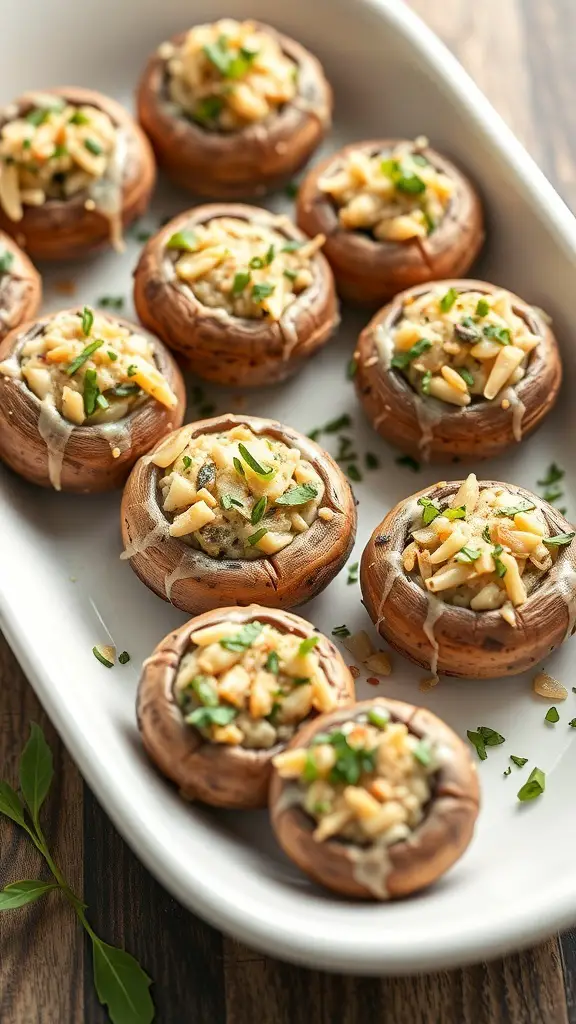 A platter of stuffed mushrooms topped with cheese and herbs.