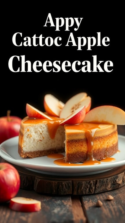 A slice of Caramel Apple Cheesecake topped with apple slices and caramel sauce on a wooden plate.