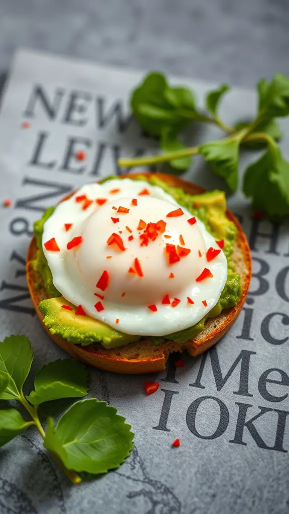 Avocado toast topped with a poached egg and red chili flakes on a newspaper background