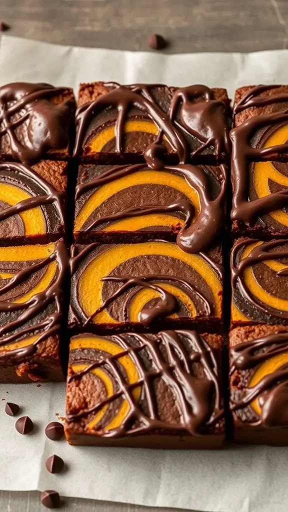 Delicious chocolate pumpkin swirl brownies with a rich chocolate drizzle on top.