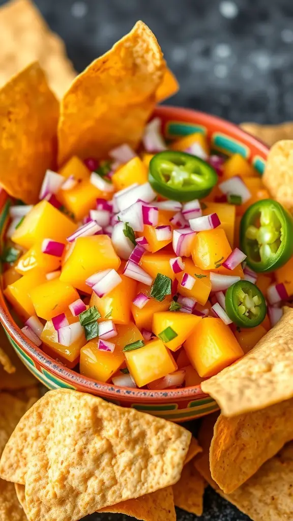 A bowl of sweet and spicy mango salsa surrounded by tortilla chips.