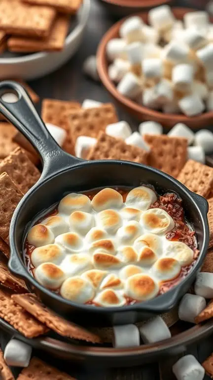 A cast iron skillet filled with toasted marshmallows on top of melted chocolate, surrounded by graham crackers and mini marshmallows.