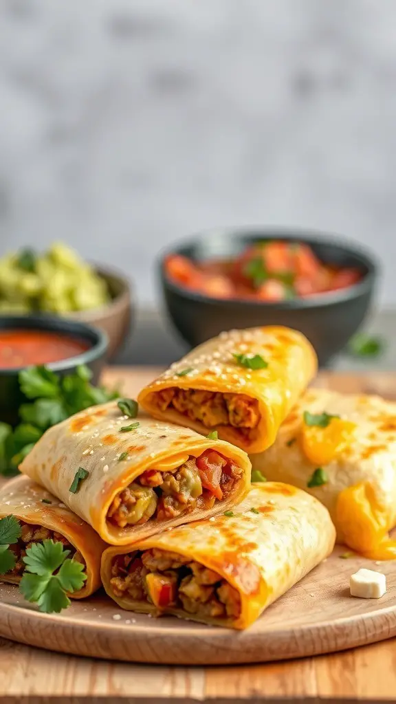A platter of chimichangas garnished with cilantro, served with guacamole and salsa.