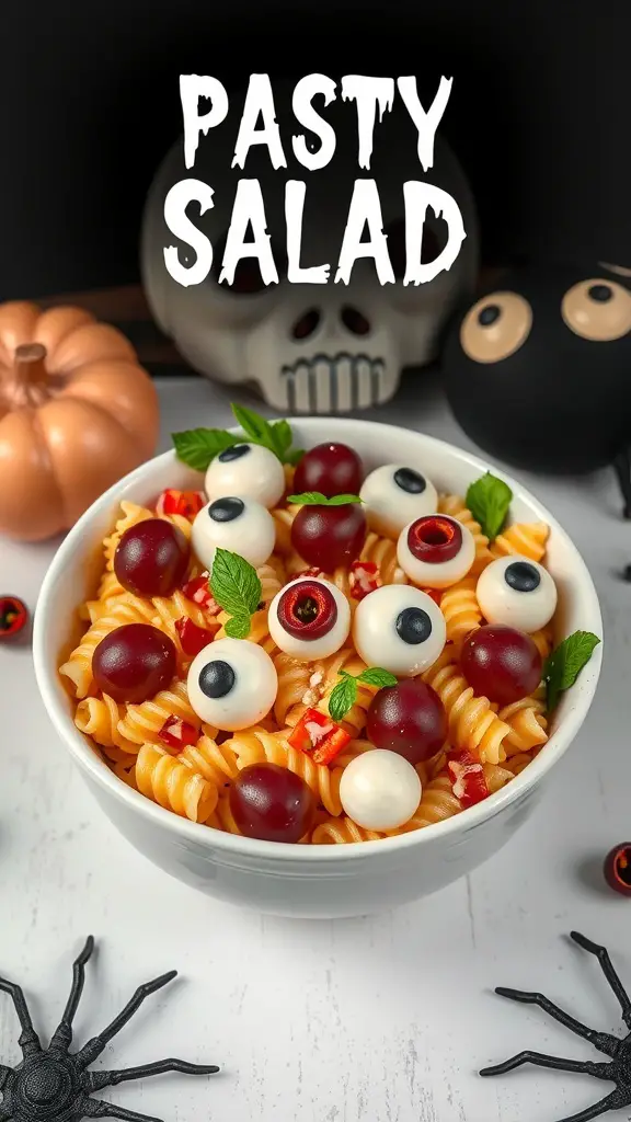 A bowl of pasta salad decorated with eyeball-like toppings, set against a spooky Halloween backdrop.