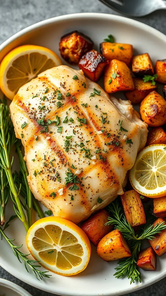 A plate of grilled lemon garlic chicken with roasted vegetables and lemon slices.