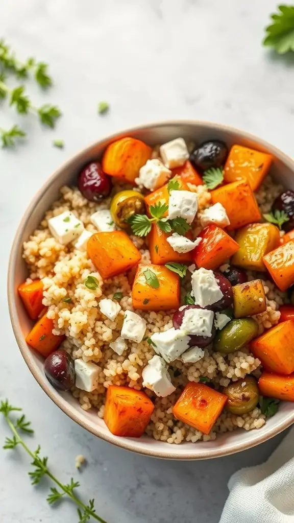 A bowl of roasted vegetables and couscous topped with feta cheese and herbs.