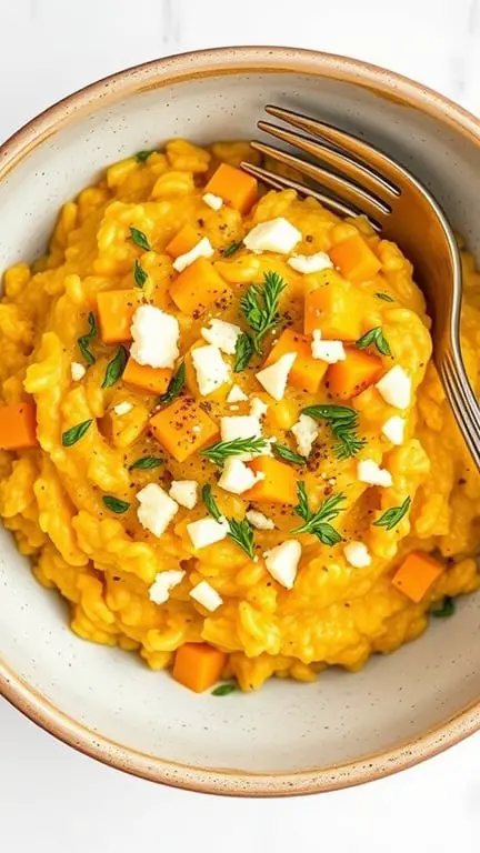 A bowl of creamy butternut squash risotto topped with diced squash and herbs.