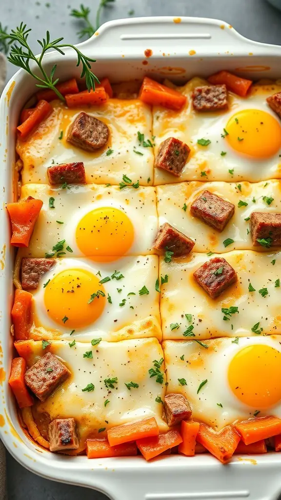 A delicious sausage and cheese breakfast casserole with eggs and carrots.