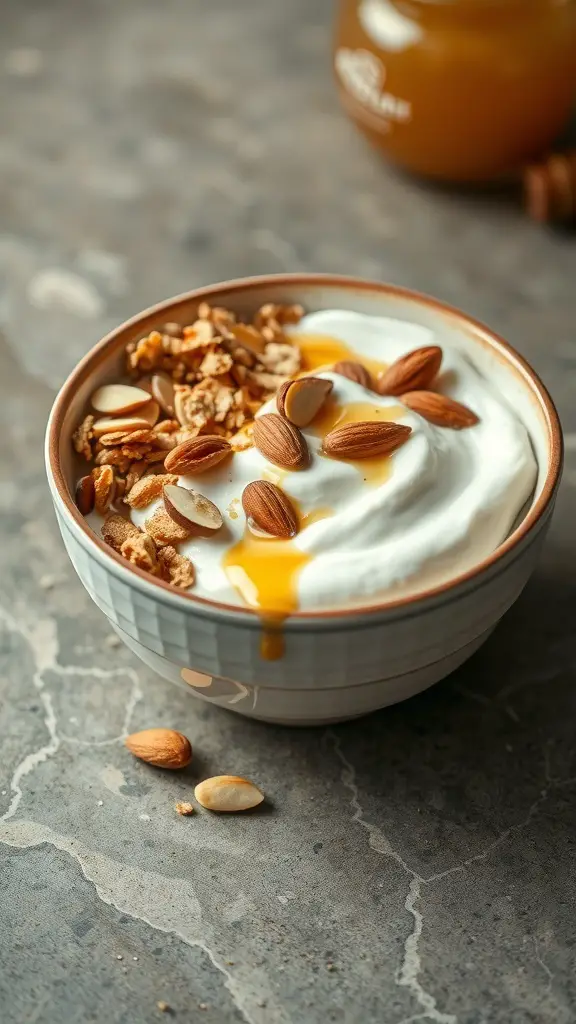 A bowl of Greek yogurt topped with granola, almonds, and honey.