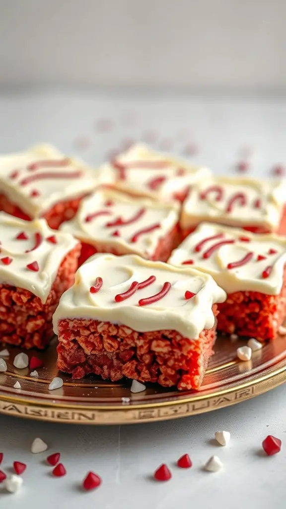 A plate of Red Velvet Rice Krispie Treats topped with white chocolate and red icing.