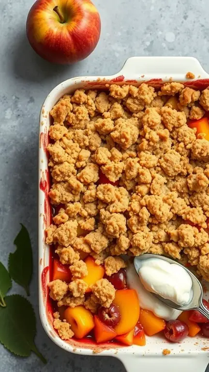 A delicious Harvest Fruit Crumble with a golden topping and colorful fruits underneath, served with a spoon.