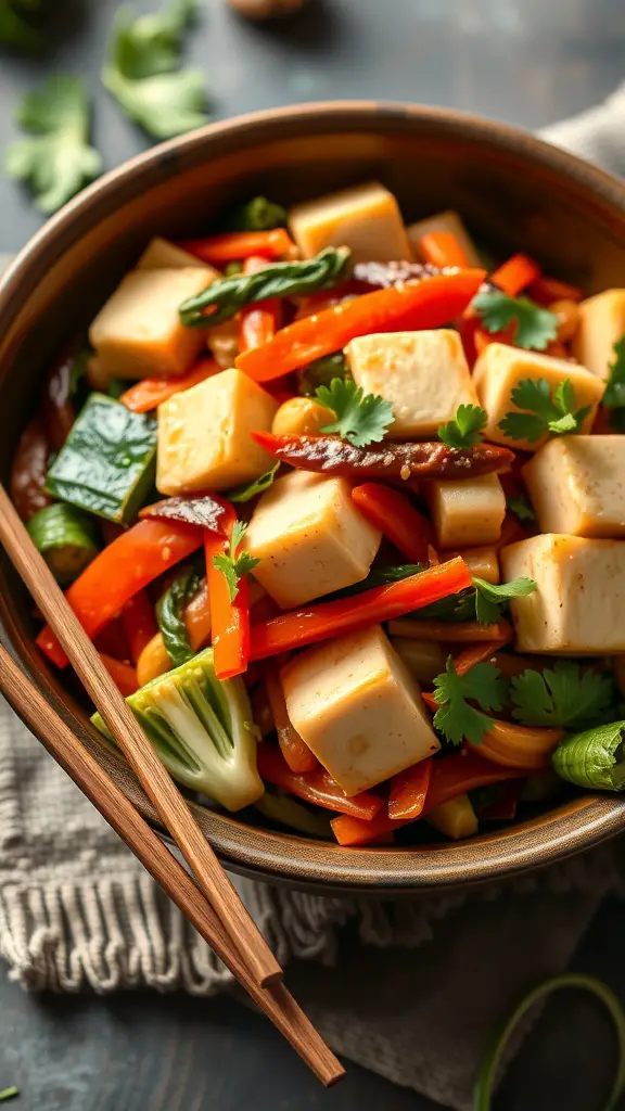 A bowl of colorful vegetable stir-fry with tofu, featuring bell peppers, broccoli, and carrots, served with chopsticks.