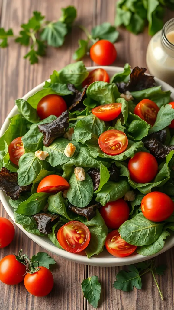 A fresh garden salad with cherry tomatoes and leafy greens in a bowl.