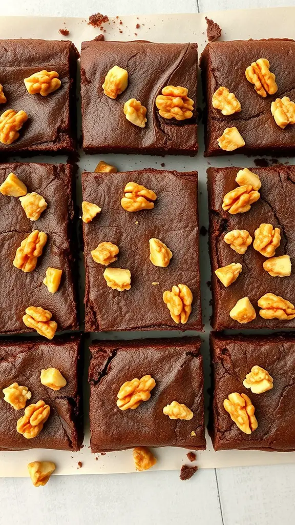 Delicious Zucchini Brownies topped with walnuts, showcasing a rich chocolate color and fudgy texture.