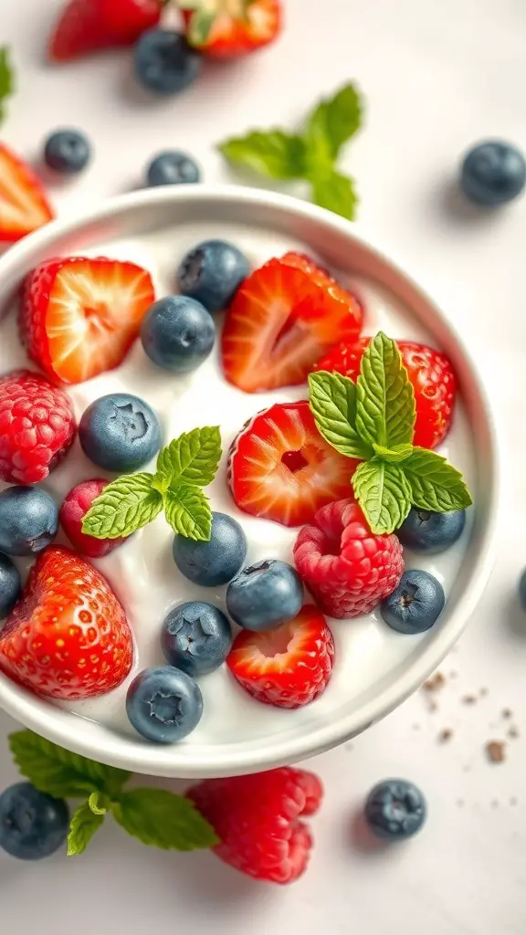 A yogurt bowl topped with strawberries, blueberries, raspberries, and mint leaves.