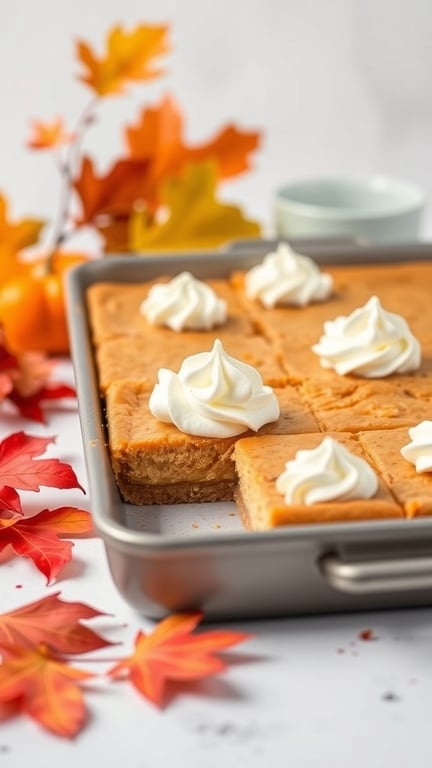 Pumpkin spice cheesecake bars with whipped cream on top, surrounded by autumn leaves.