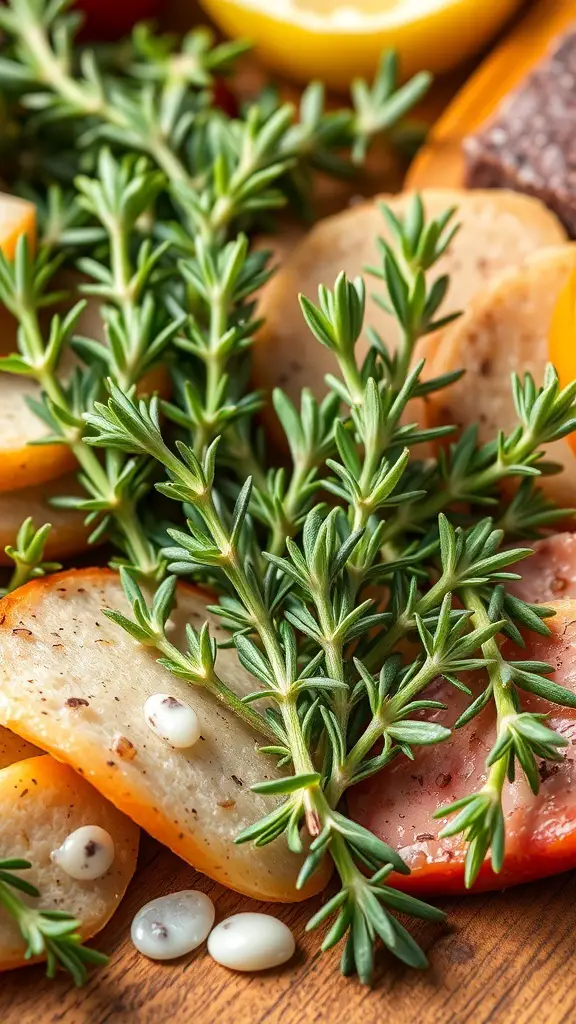 Fresh herb garnishes on a charcuterie board with cheese and fruits