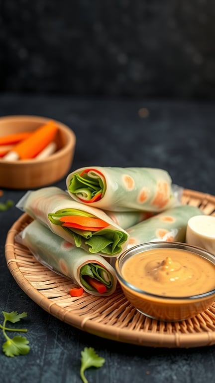 A plate of vegetable spring rolls with peanut sauce, featuring fresh greens and colorful veggies.