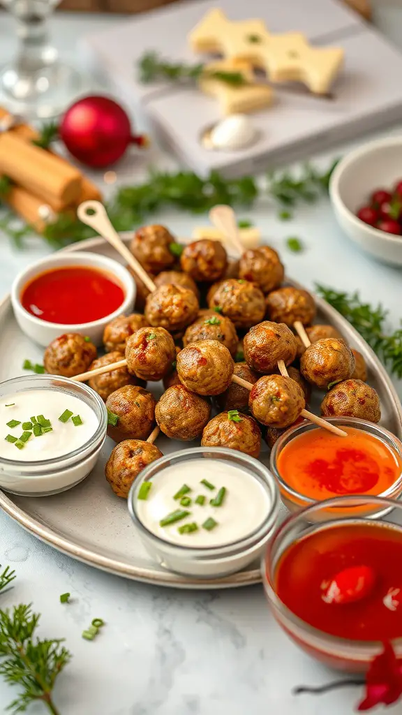 A platter of mini meatball skewers with various dipping sauces.