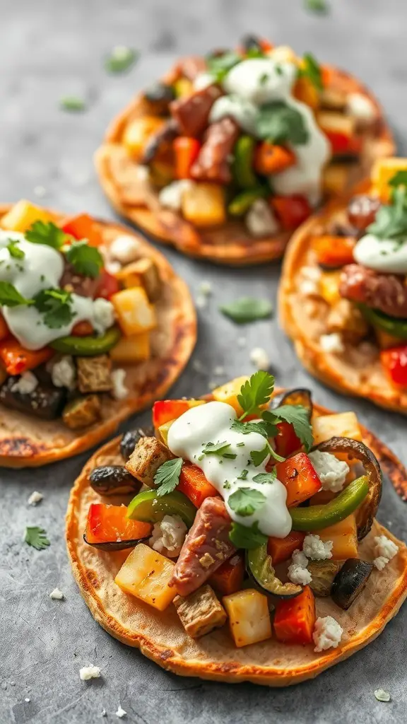 Crispy tostadas topped with roasted vegetables and creamy sauce