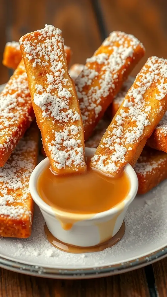 A plate of golden-brown French toast sticks dusted with powdered sugar and served with caramel sauce.