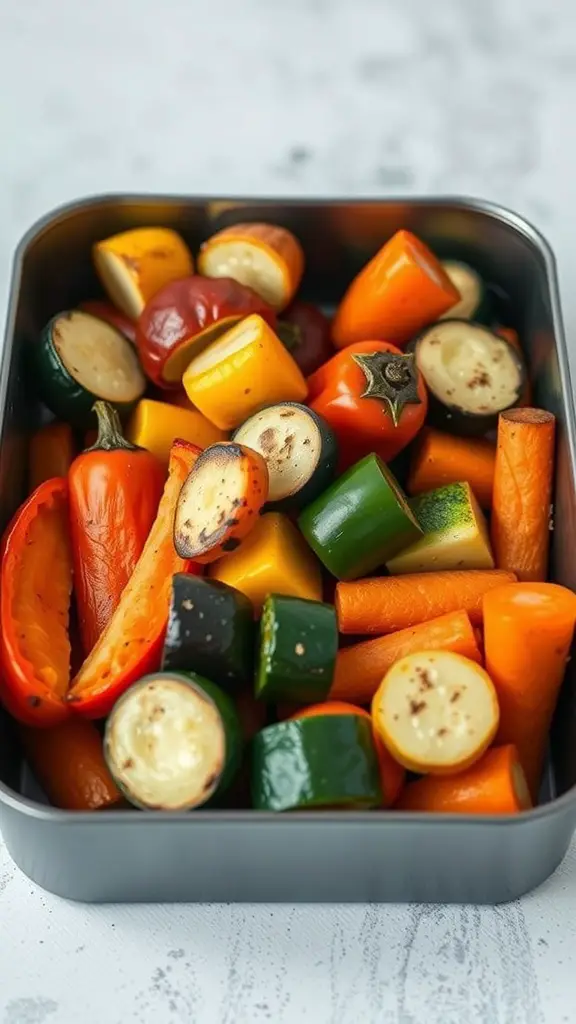 A bento box filled with a medley of roasted vegetables including bell peppers, zucchini, carrots, and eggplant.