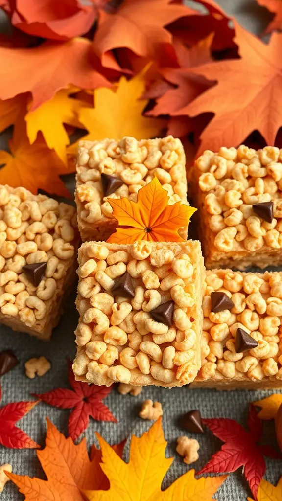 Pumpkin Spice Rice Krispie Treats surrounded by colorful autumn leaves