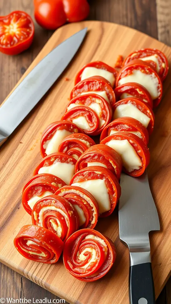 Pepperoni and cheese roll-ups on a wooden cutting board with a knife and tomatoes in the background.