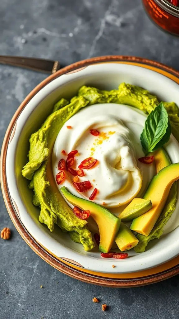 A bowl of spicy avocado yogurt topped with chili flakes and fresh avocado slices.