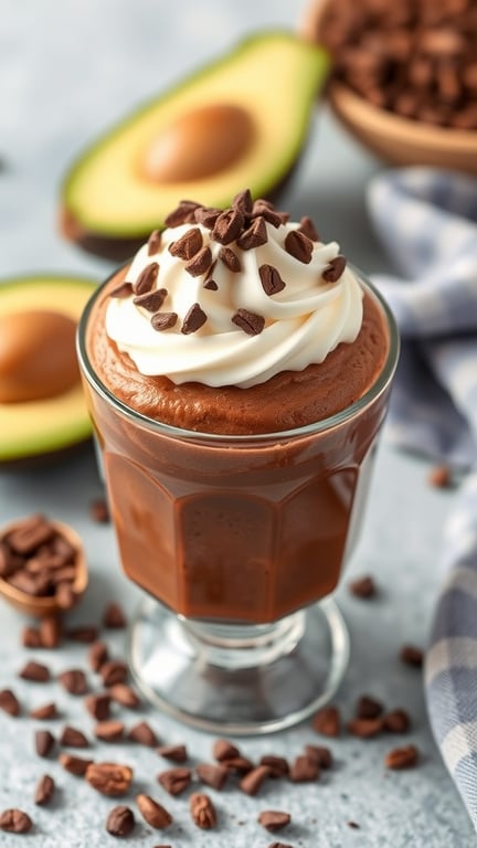 A glass of chocolate avocado mousse topped with whipped cream and chocolate shavings, with avocado halves and chocolate chips in the background.