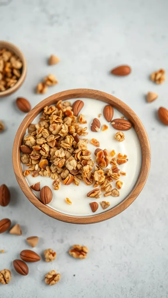 A wooden bowl filled with yogurt topped with granola and almonds, surrounded by scattered nuts.