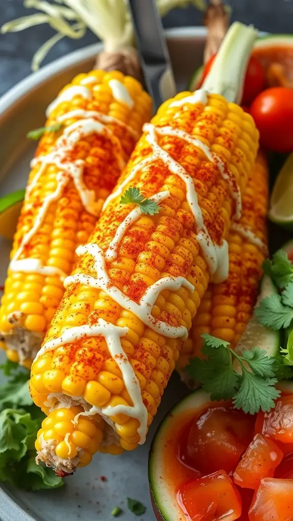 Grilled corn on the cob topped with mayonnaise, chili powder, and cilantro, served with lime and tomatoes.