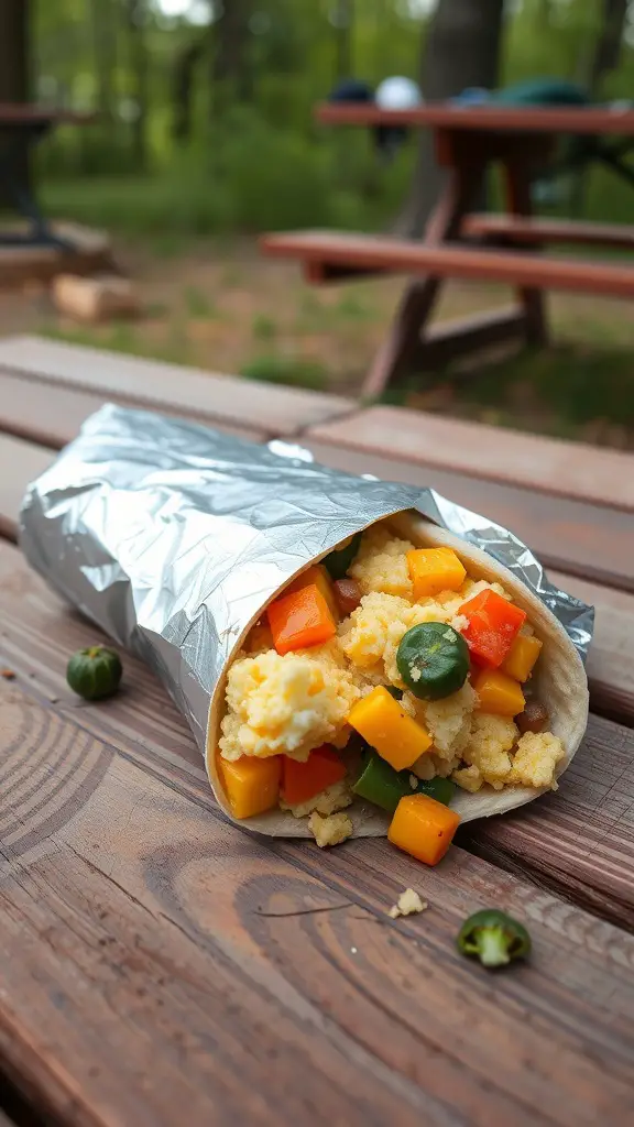 A breakfast burrito filled with scrambled eggs and colorful vegetables, wrapped in foil and placed on a wooden table.