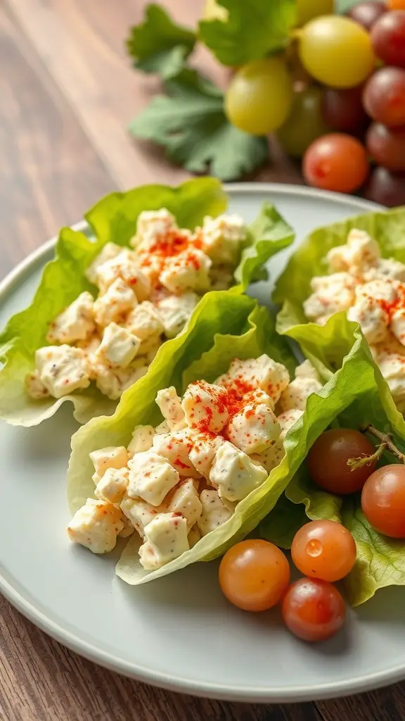 Plate of egg salad lettuce wraps with cherry tomatoes and grapes
