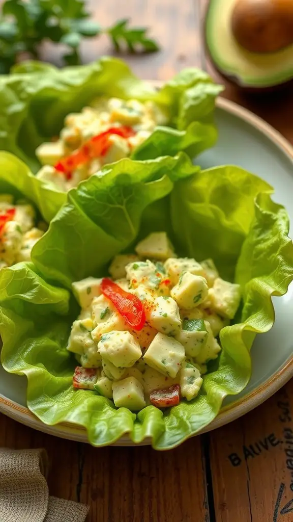 Avocado egg salad in lettuce wraps with red pepper and herbs