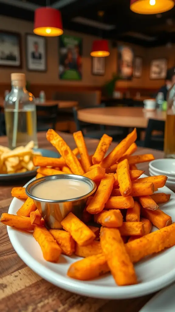 A plate of golden sweet potato fries with a honey dip in a restaurant setting.